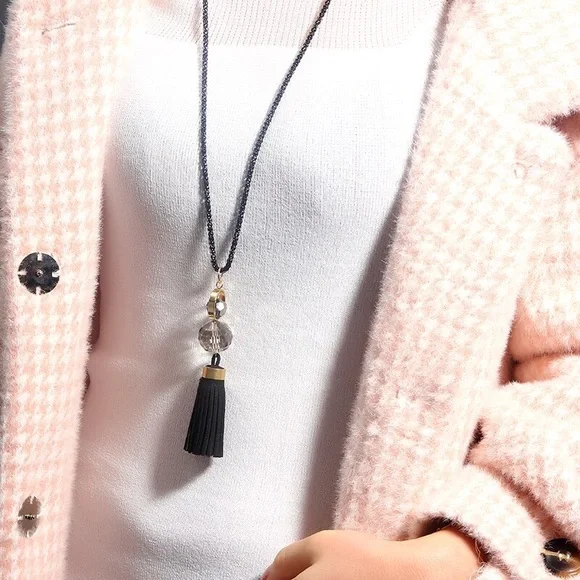 Chic Clear Sphere Long Black and Gold Tassel Necklace - Picture 1 of 11